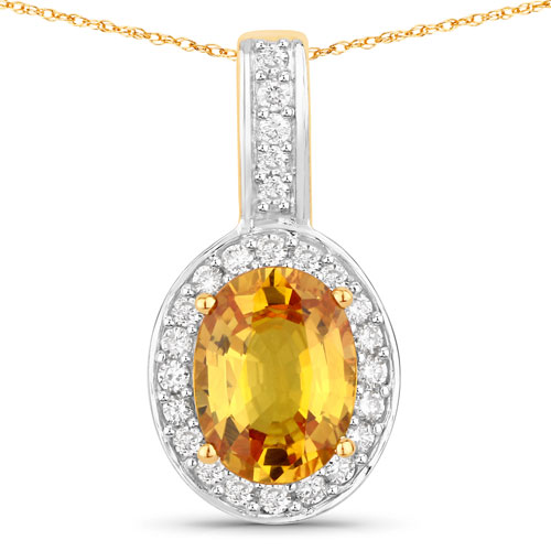 Sapphire-1.80 Carat Genuine Yellow Sapphire and White Diamond 14K Yellow Gold Pendant