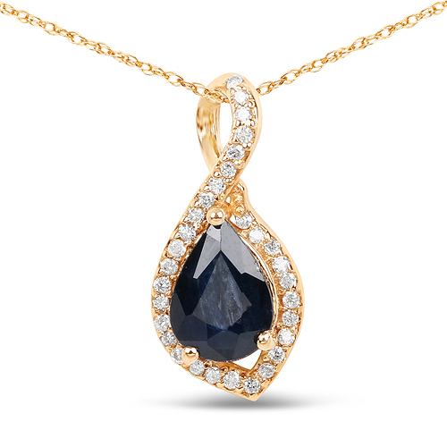 Sapphire-0.89 Carat Genuine Blue Sapphire and White Diamond 14K Yellow Gold Pendant