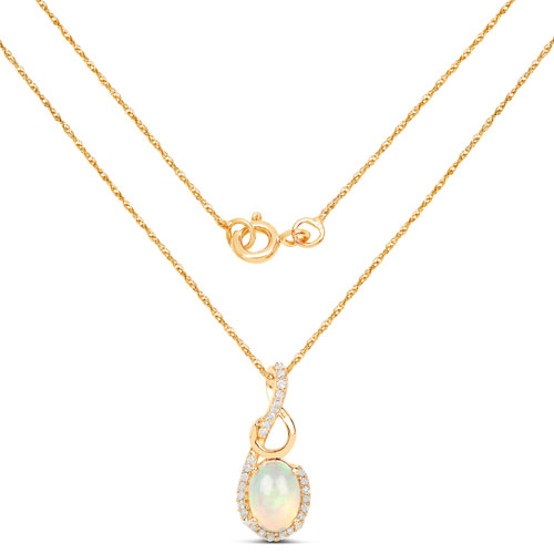 0.56 Carat Genuine Ethiopian Opal and White Diamond 14K Yellow Gold Pendant