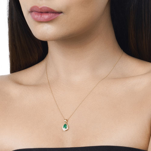 0.89 Carat Genuine Zambian Emerald and White Diamond 14K Yellow Gold Pendant
