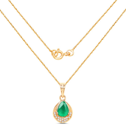 0.89 Carat Genuine Zambian Emerald and White Diamond 14K Yellow Gold Pendant