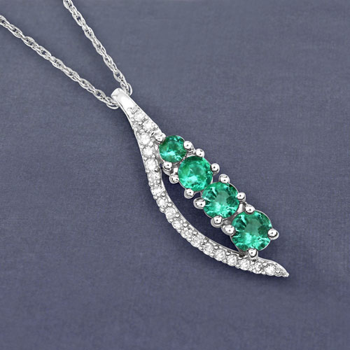 0.34 Carat Genuine Zambian Emerald and White Diamond 14K White Gold Pendant