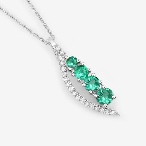 0.34 Carat Genuine Zambian Emerald and White Diamond 14K White Gold Pendant