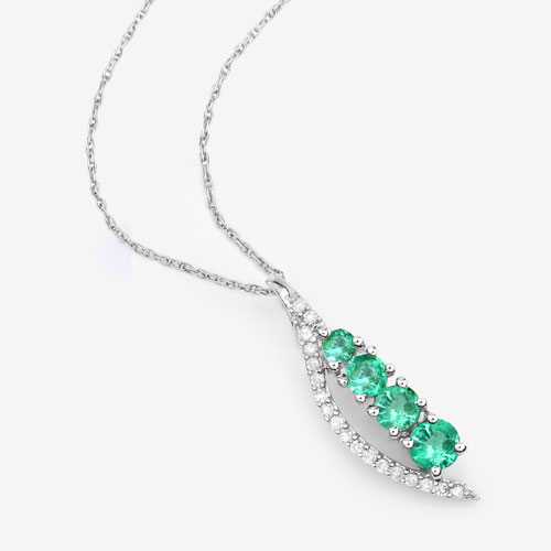 0.34 Carat Genuine Zambian Emerald and White Diamond 14K White Gold Pendant