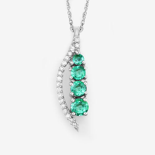 0.34 Carat Genuine Zambian Emerald and White Diamond 14K White Gold Pendant