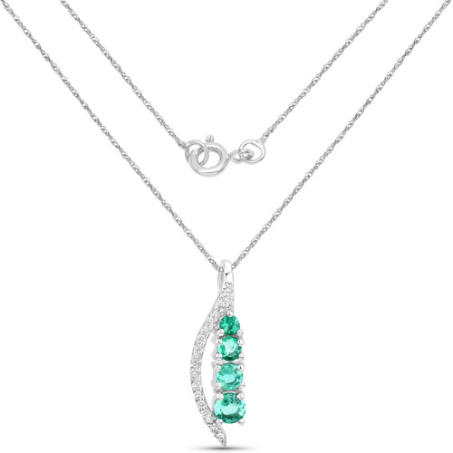 0.34 Carat Genuine Zambian Emerald and White Diamond 14K White Gold Pendant