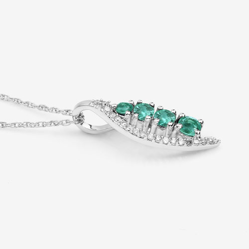 0.34 Carat Genuine Zambian Emerald and White Diamond 14K White Gold Pendant