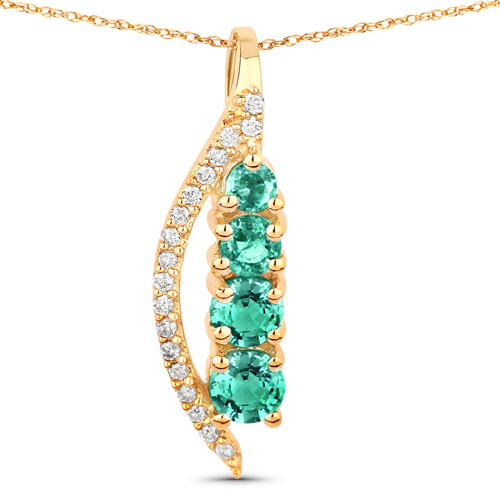 Emerald-0.34 Carat Genuine Zambian Emerald and White Diamond 14K Yellow Gold Pendant
