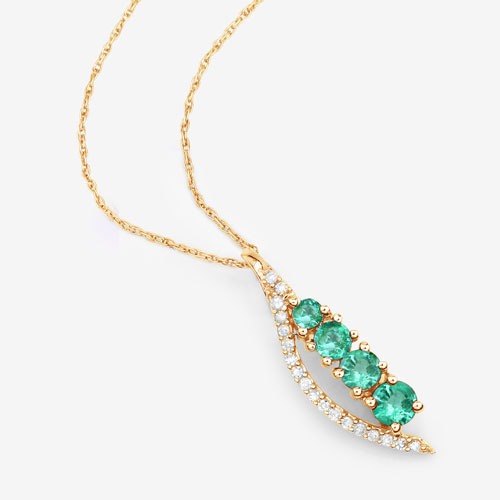 0.34 Carat Genuine Zambian Emerald and White Diamond 14K Yellow Gold Pendant
