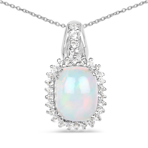 Opal-1.59 Carat Genuine Ethiopian Opal and White Topaz .925 Sterling Silver Pendant