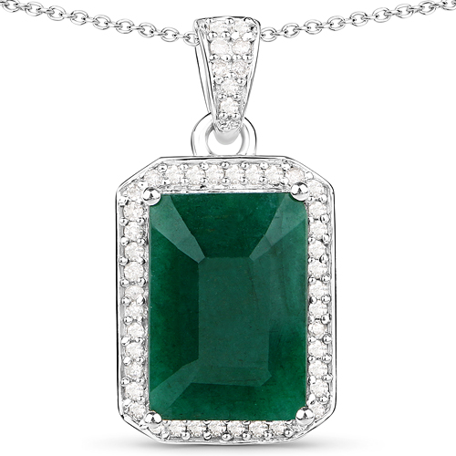 Emerald-4.91 Carat Dyed Emerald and White Diamond .925 Sterling Silver Pendant