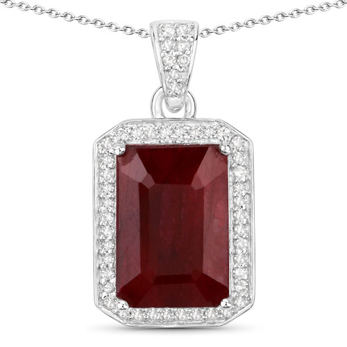 Ruby-6.97 Carat Dyed Ruby and White Diamond .925 Sterling Silver Pendant