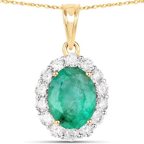 Emerald-2.24 Carat Genuine Zambian Emerald and White Diamond 18K Yellow Gold Pendant