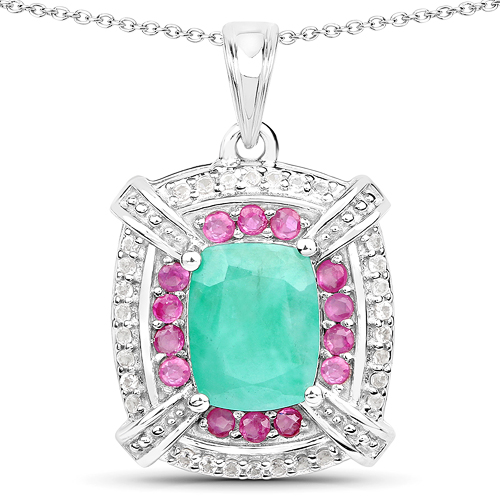2.22 Carat Genuine Emerald, Ruby and White Topaz .925 Sterling Silver Pendant