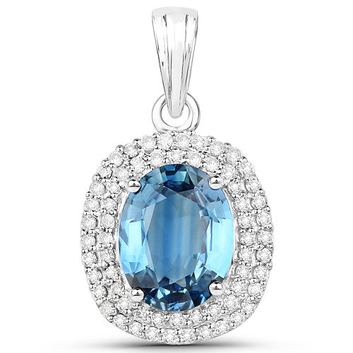 Sapphire-2.62 Carat Genuine Blue Sapphire and White Diamond 14K White Gold Pendant