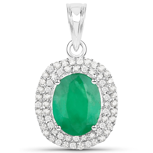 Emerald-1.93 Carat Genuine Zambian Emerald and White Diamond 14K White Gold Pendant