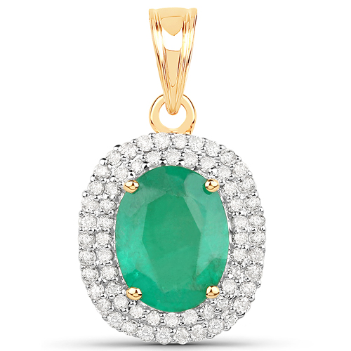 Emerald-1.93 Carat Genuine Zambian Emerald and White Diamond 14K Yellow Gold Pendant