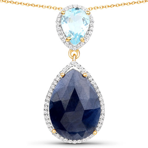 Sapphire-18K Yellow Gold Plated 13.16 Carat Genuine Blue Sapphire, Blue Topaz and White Topaz .925 Sterling Silver Pendant