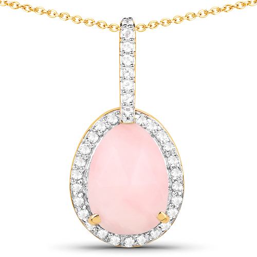 Pendants-14K Yellow Gold Plated 1.71 Carat Genuine Pink Opal and White Topaz .925 Sterling Silver Pendant