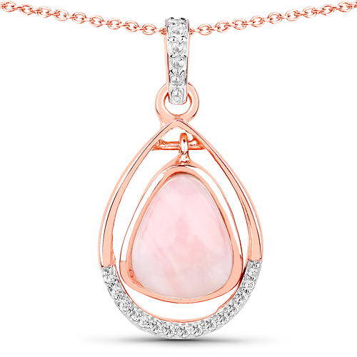 Pendants-14K Rose Gold Plated 2.33 Carat Genuine Pink Opal and White Topaz .925 Sterling Silver Pendant