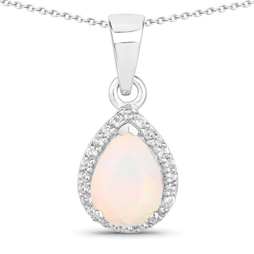 Opal-0.72 Carat Genuine Ethiopian Opal and Created White Sapphire .925 Sterling Silver Pendant