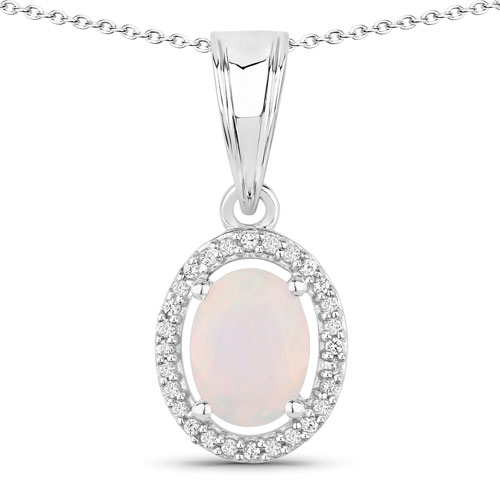 Opal-0.80 Carat Genuine Ethiopian Opal and Created White Sapphire .925 Sterling Silver Pendant