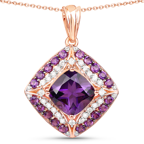 Amethyst-14K Rose Gold Plated 5.32 Carat Genuine Amethyst and White Zircon .925 Sterling Silver Pendant