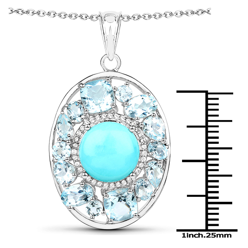9.59 Carat Genuine Turquoise, Blue Topaz and White Zircon .925 Sterling Silver Pendant