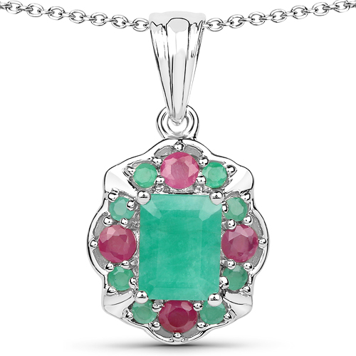 Emerald-2.36 Carat Genuine Emerald and Ruby .925 Sterling Silver Pendant