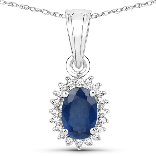 Sapphire-18K White Gold 0.61 Carat Genuine Blue Sapphire and White Diamond Pendant