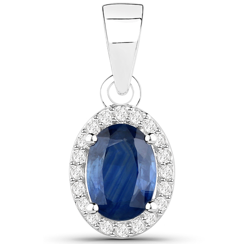 Sapphire-0.94 Carat Genuine Blue Sapphire and White Diamond 14K White Gold Pendant