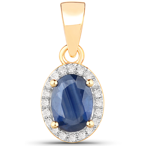 Sapphire-0.94 Carat Genuine Blue Sapphire and White Diamond 14K Yellow Gold Pendant