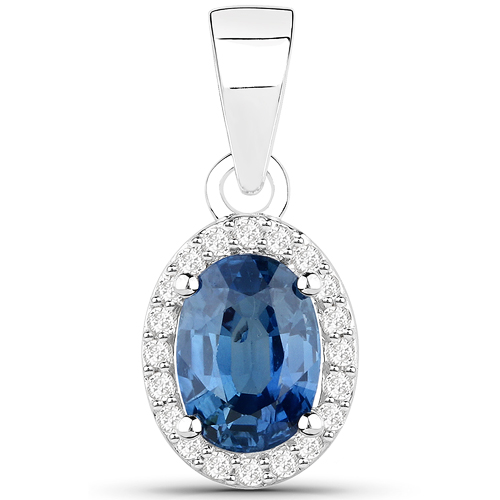 Sapphire-1.03 Carat Genuine Blue Sapphire and White Diamond 14K White Gold Pendant