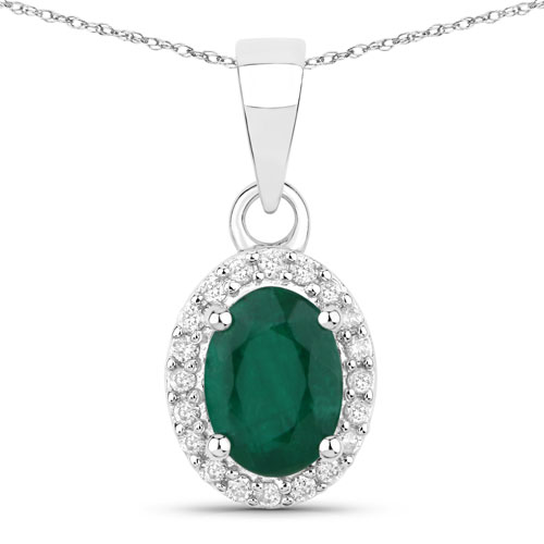 Emerald-0.83 Carat Genuine Zambian Emerald and White Diamond 14K White Gold Pendant