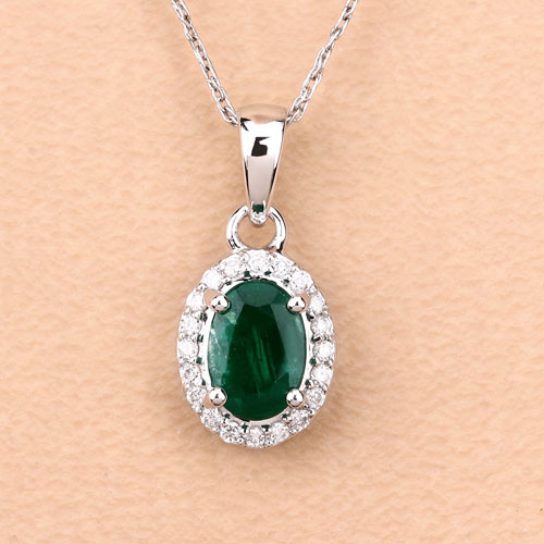 0.83 Carat Genuine Zambian Emerald and White Diamond 14K White Gold Pendant