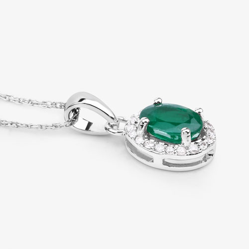 0.83 Carat Genuine Zambian Emerald and White Diamond 14K White Gold Pendant