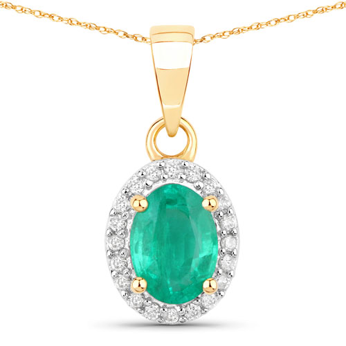 Emerald-0.79 Carat Genuine Zambian Emerald and White Diamond 14K Yellow Gold Pendant