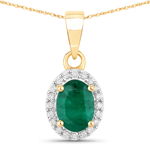 Emerald-0.83 Carat Genuine Zambian Emerald and White Diamond 14K Yellow Gold Pendant