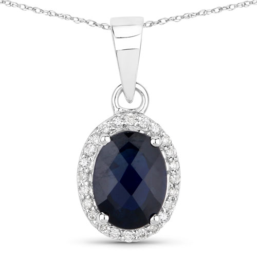 Sapphire-1.66 Carat Genuine Blue Sapphire and White Diamond 14K White Gold Pendant