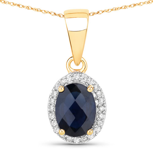 Sapphire-1.66 Carat Genuine Blue Sapphire and White Diamond 14K Yellow Gold Pendant