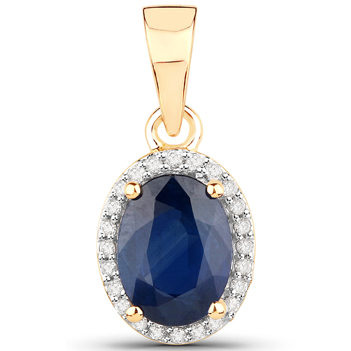 Sapphire-1.63 Carat Genuine Blue Sapphire and White Diamond 14K Yellow Gold Pendant