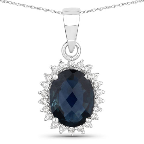 Sapphire-2.12 Carat Genuine Blue Sapphire and White Diamond 14K White Gold Pendant