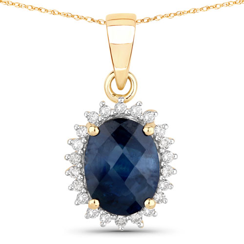 Sapphire-2.12 Carat Genuine Blue Sapphire and White Diamond 14K Yellow Gold Pendant