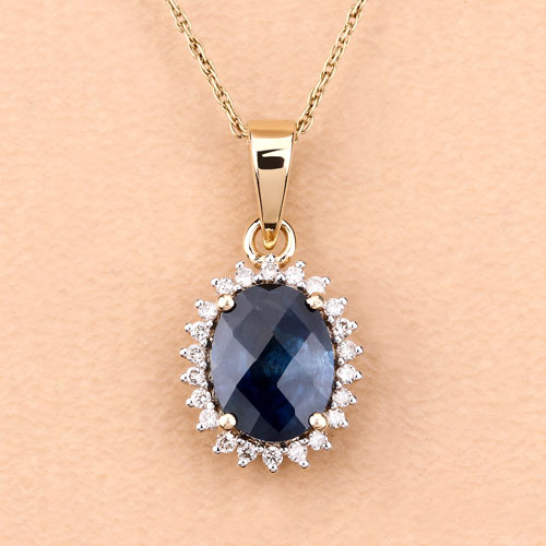2.12 Carat Genuine Blue Sapphire and White Diamond 14K Yellow Gold Pendant