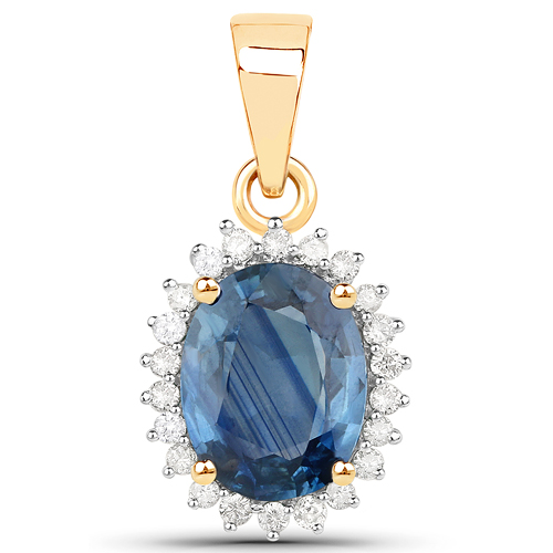 Sapphire-2.39 Carat Genuine Blue Sapphire and White Diamond 14K Yellow Gold Pendant