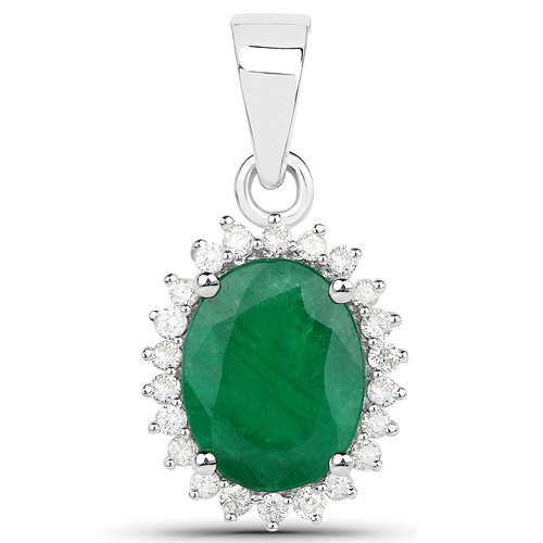 Emerald-1.75 Carat Genuine Zambian Emerald and White Diamond 14K White Gold Pendant