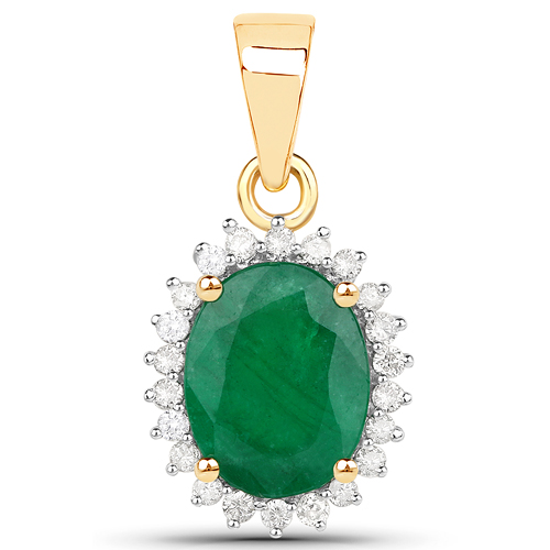 Emerald-1.75 Carat Genuine Zambian Emerald and White Diamond 14K Yellow Gold Pendant