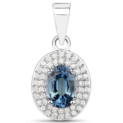 Sapphire-1.02 Carat Genuine Blue Sapphire and White Diamond 14K White Gold Pendant