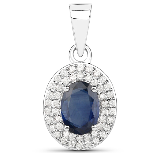 Sapphire-1.11 Carat Genuine Blue Sapphire and White Diamond 14K White Gold Pendant