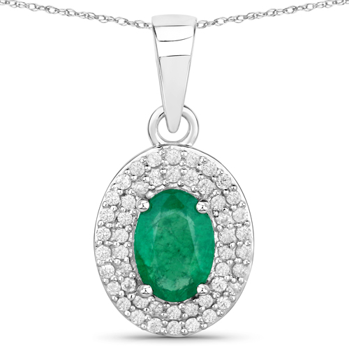 Emerald-0.89 Carat Genuine Zambian Emerald and White Diamond 14K White Gold Pendant
